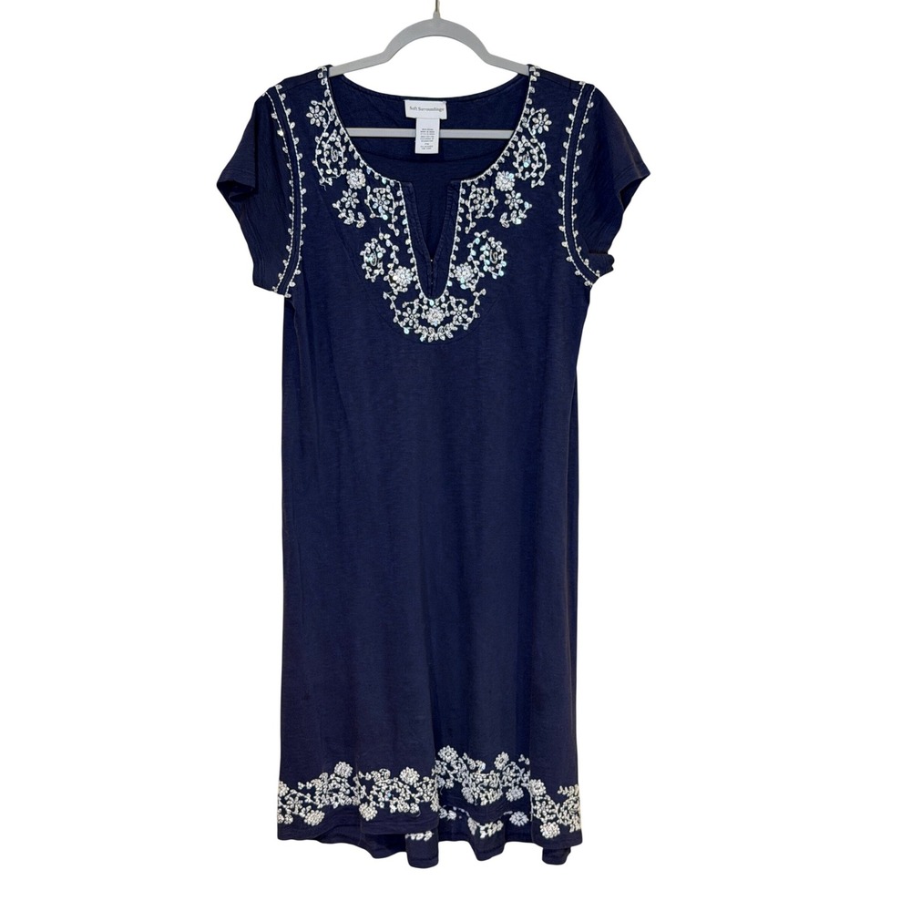 Soft‎ Surroundings Dress Navy Petite Medium White Embroidered V Neck 100% Cotton